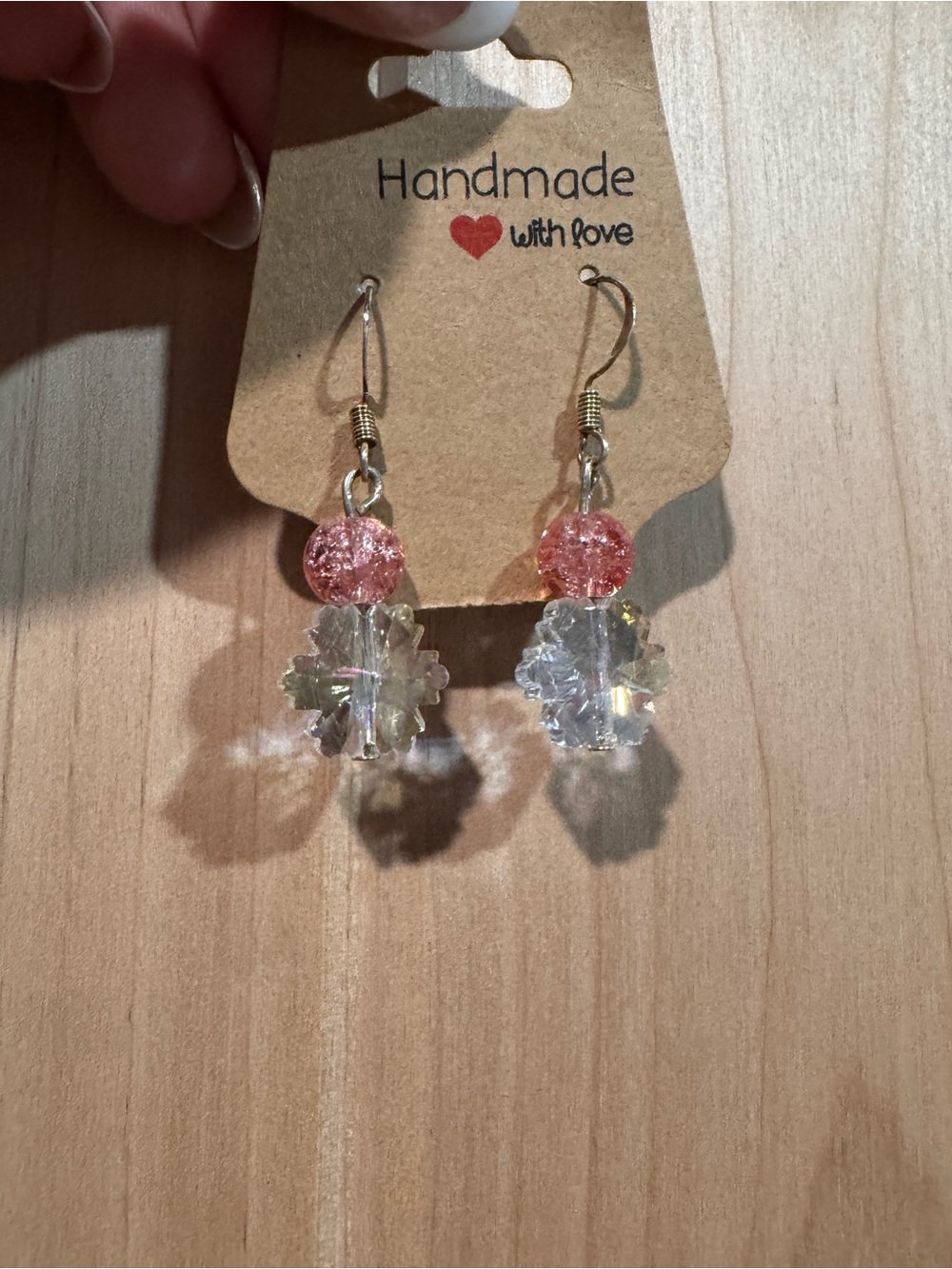 Handmade Pink & Iridescent Flower Drop Earrings